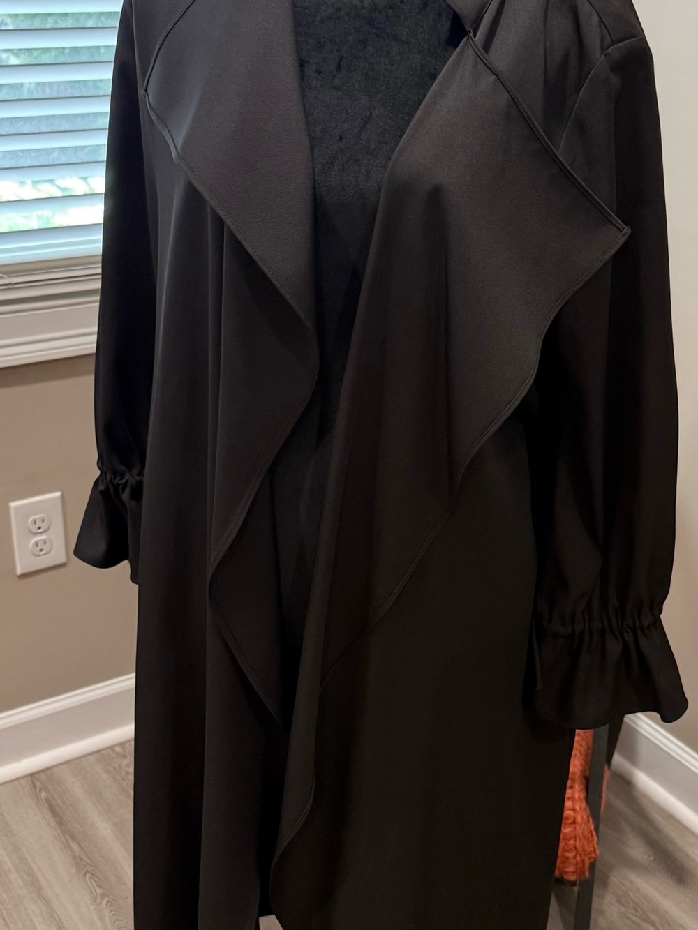 Gracia Black Long Sleeve Draped Coat with Ruffle Cuffs